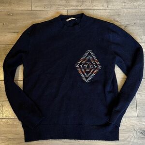 Mango Navy Crewneck Sweater with Multicolor Geometric Motif